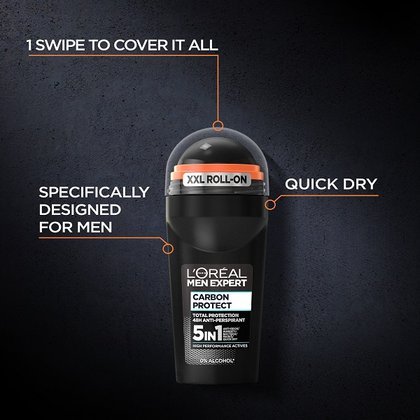 OAP MEN EXPERT CARBON PROTECT ROLL ON DEODORANT AUGMENTED PIC PACKSHOT AND CLAIM